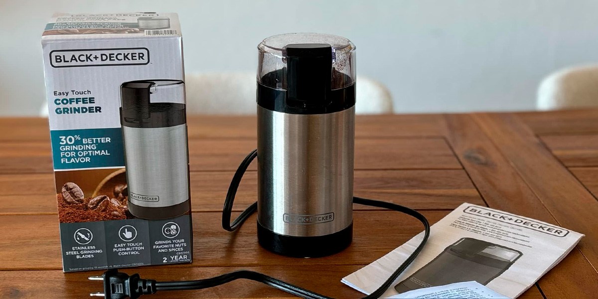 Black+Decker One-Touch Coffee Grinder next to product box