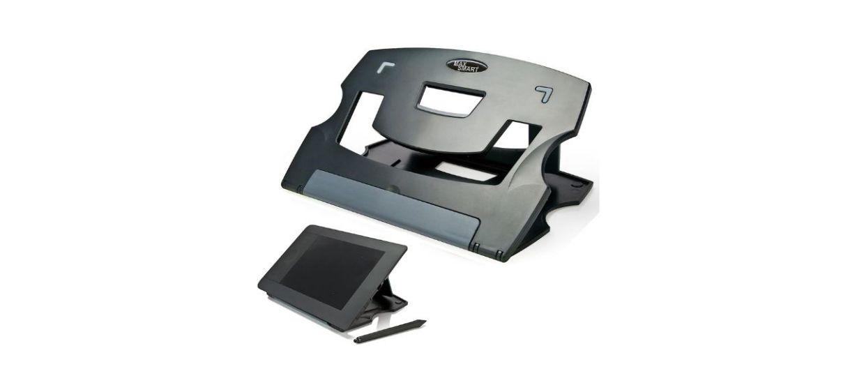 A black plastic stand to hold an iPad upright