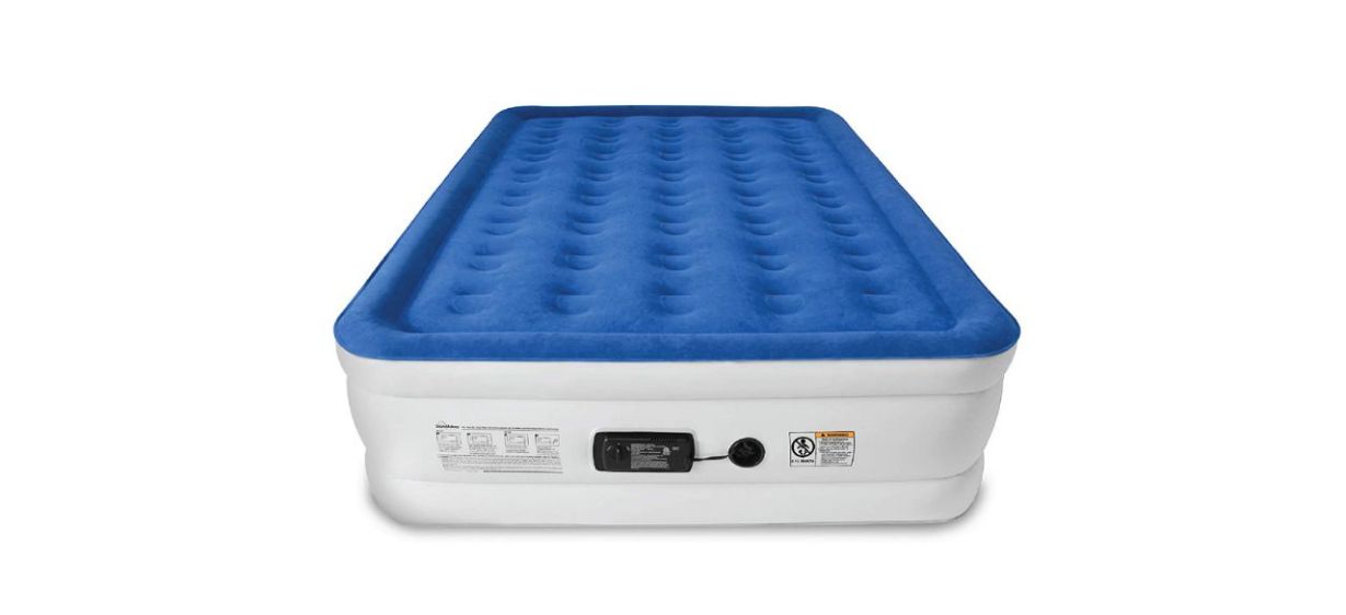blue and white air mattress on white background