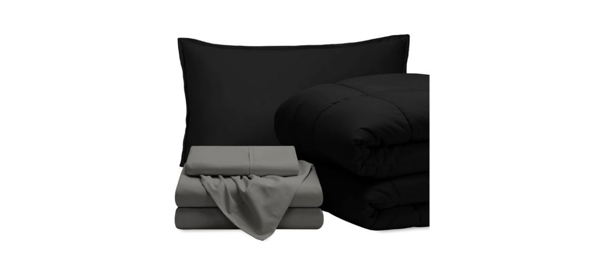 a black bedding set with gray sheets
