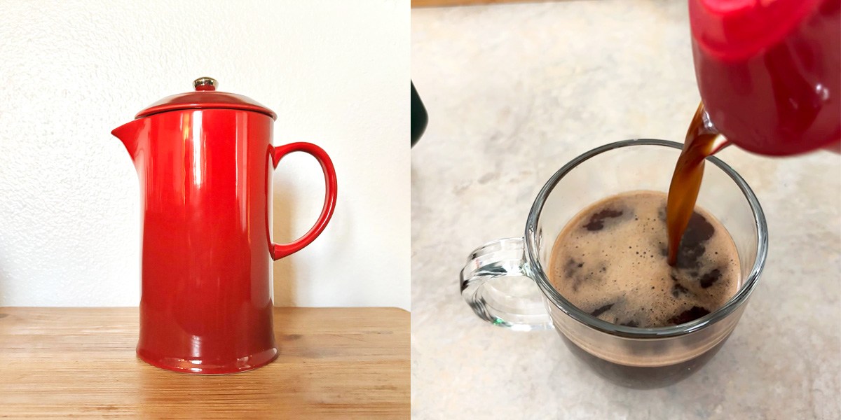 Collage with red Le Creuset French Press on left and cup of coffee on right Collage with red Le Creuset French Press on left and cup of coffee on right
