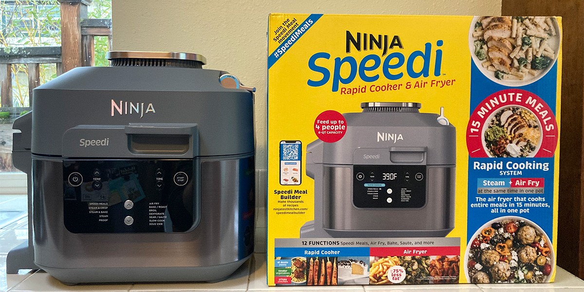 Ninja Speedi Rapid Cooker and Air Fryer next to product packaging