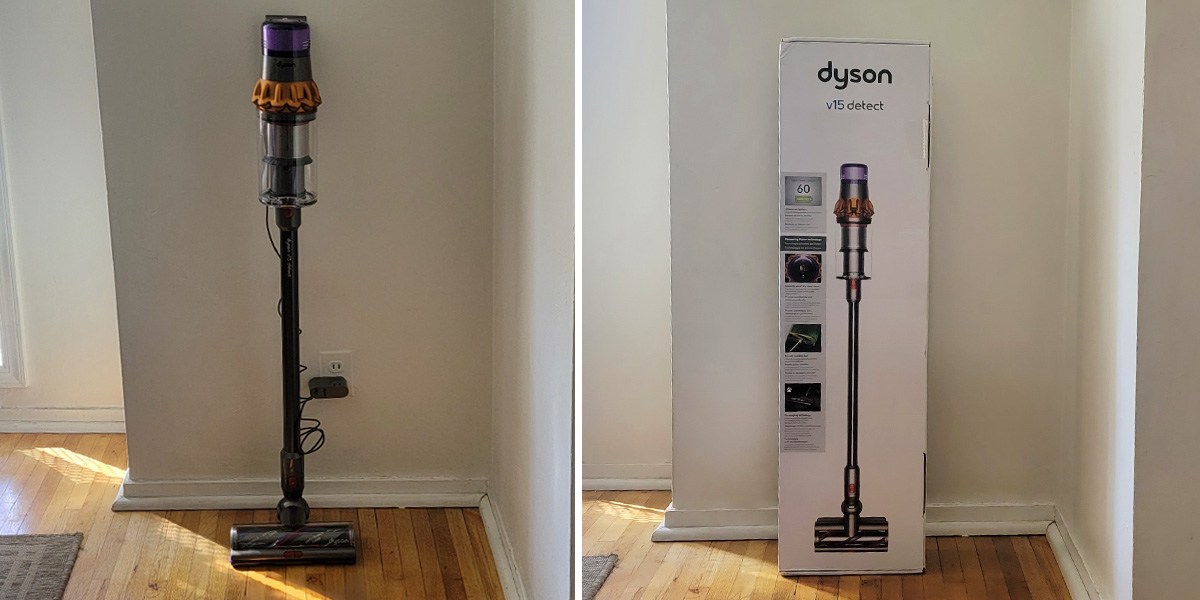 Collage with Dyson V15 Detect on left and product box on right Collage with Dyson V15 Detect on left and product box on right