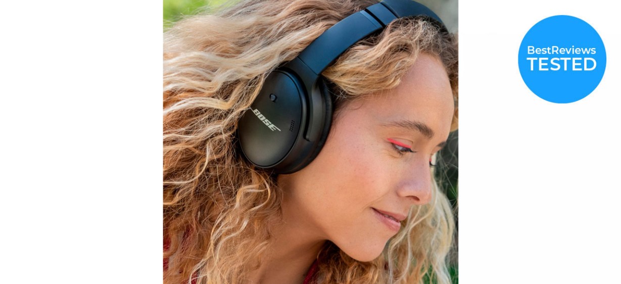 Woman wearing Bose QuietComfort 45 Wireless Noise Cancelling Over-the-Ear Headphones