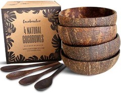 Cocobowico Four Coconut Bowls and Wooden Spoon Set