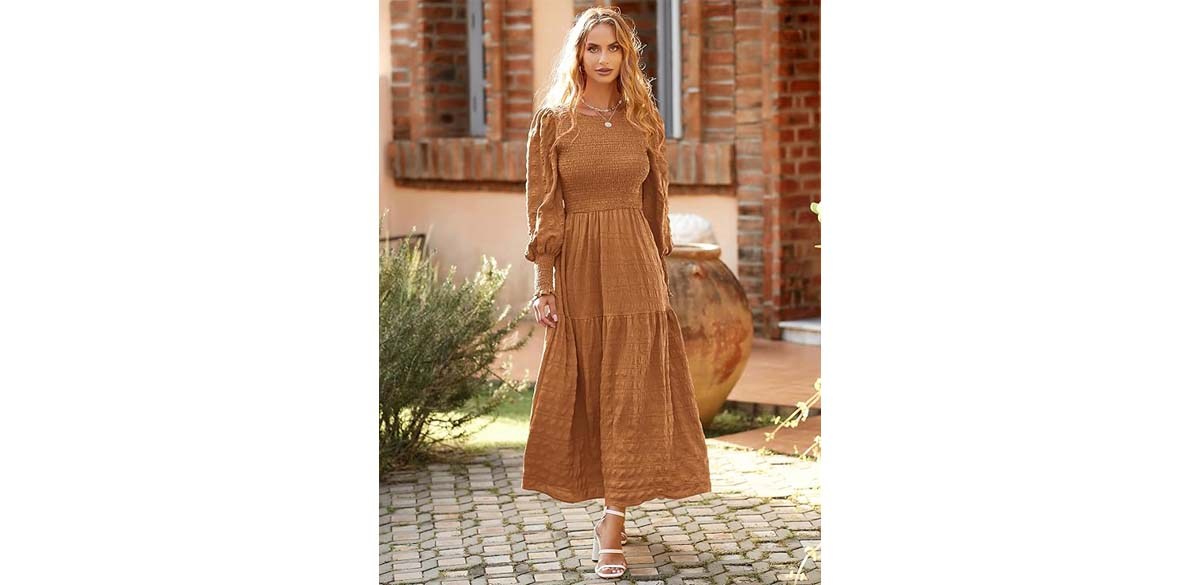 PRETTYGARDEN Women 2025 Spring Puff Long Sleeve Crewneck Smocked Maxi Dress