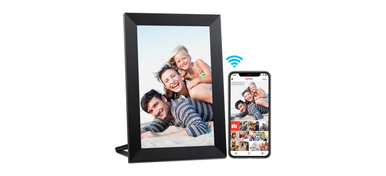Aeezo 10.1-Inch Wi-Fi Digital Picture Frame on white background