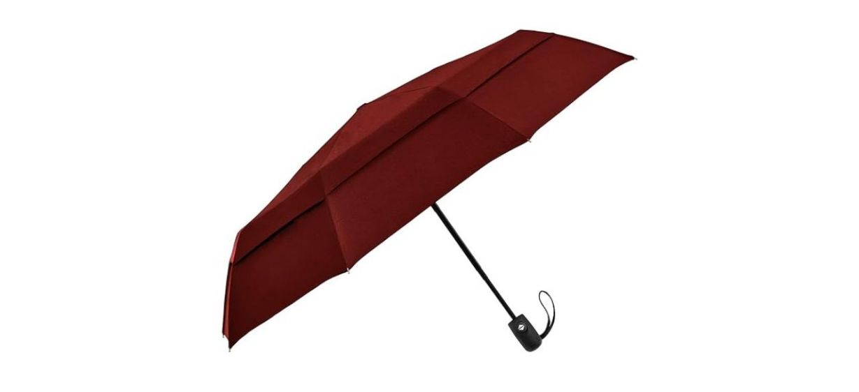 EEZ-Y compact travel umbrella in dark red color on white background