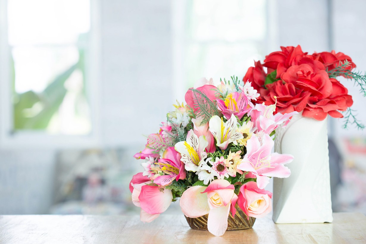 artificial flowers in vases