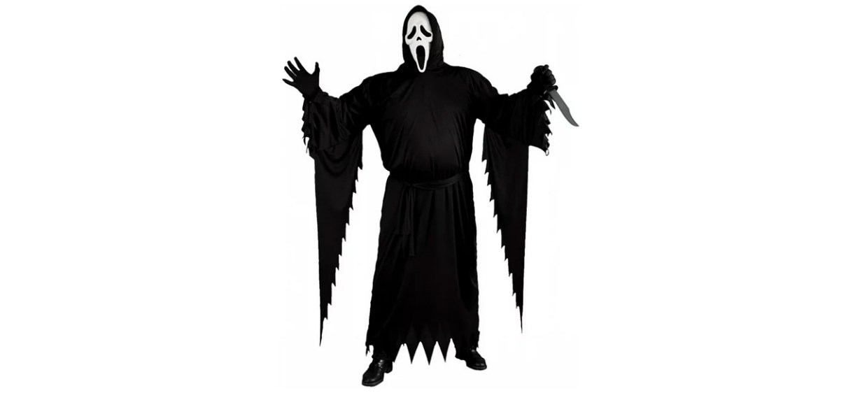 Black ghost costume with white ghost face on white background