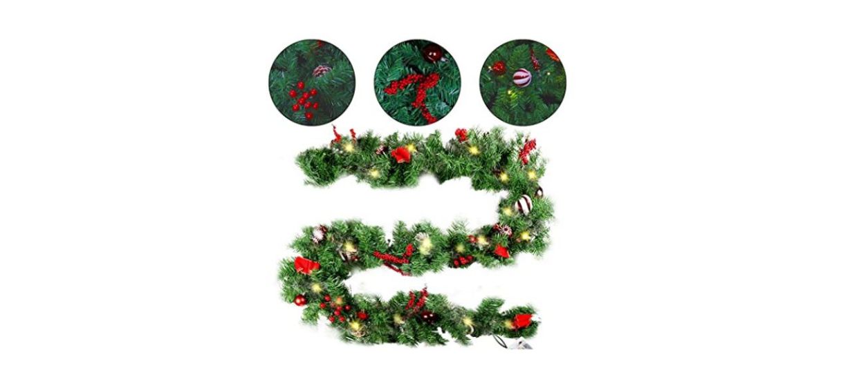 Best MorTime LED Christmas Garland with Pinecones Red Berries and Christmas Balls
