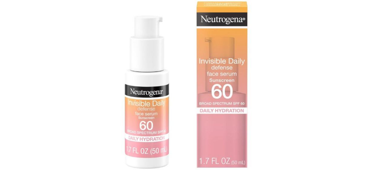 Pink and orange Neutrogena serum bottle and packaging on white background