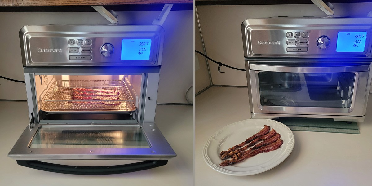 Collage of bacon in Cuisinart Digital Air Fryer Toaster Oven on one side and fully cooked in front of oven on the other side