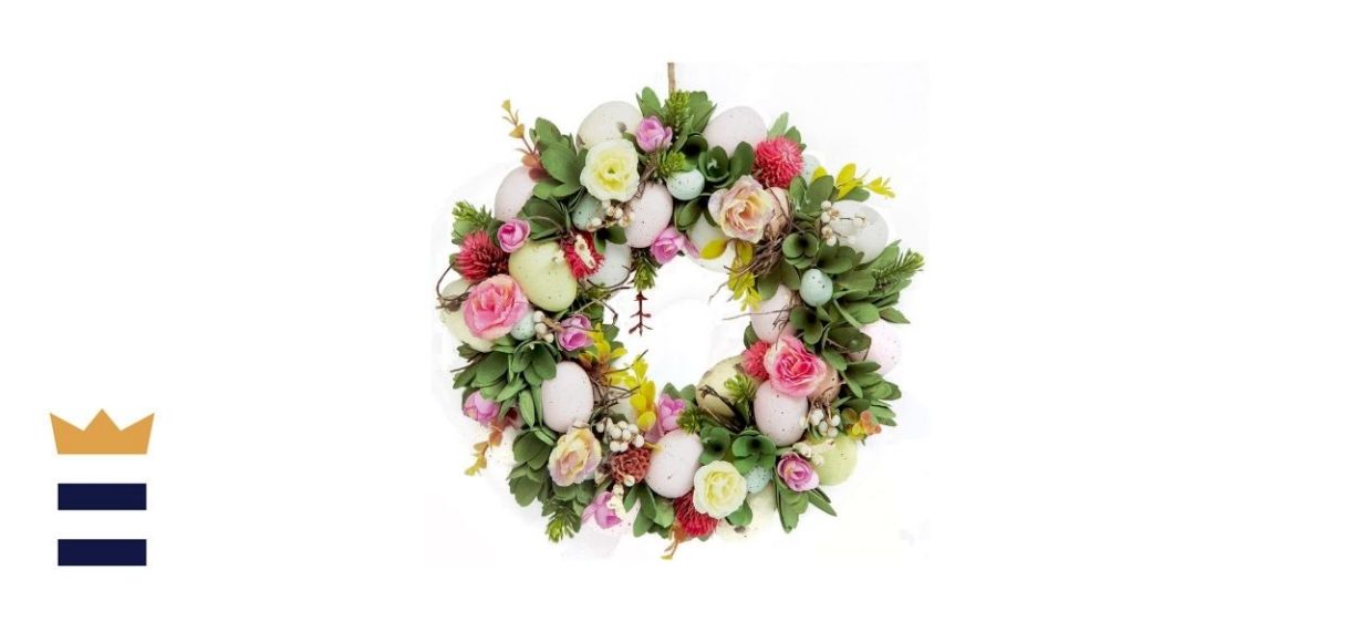 DearSun Easter Wreath With Flowers, Easter Eggs And Spring Leaves