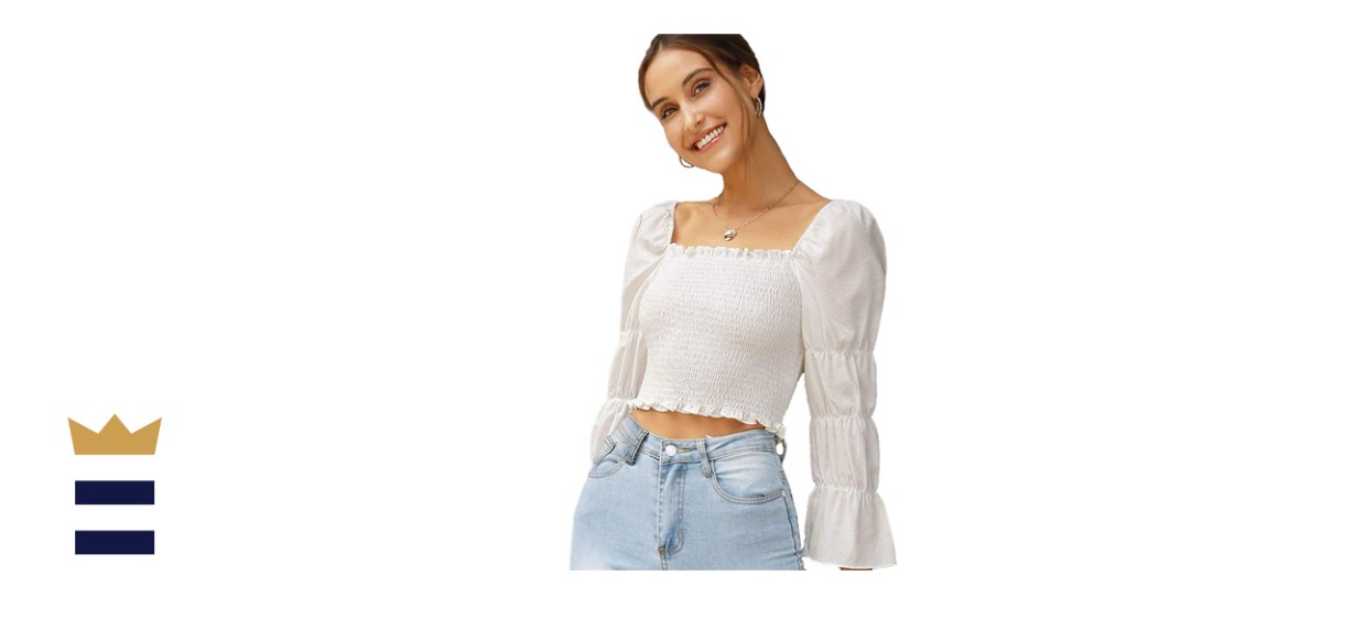 Floerns Women’s Square Neck Puff-Sleeve Shirred Blouse Crop Top