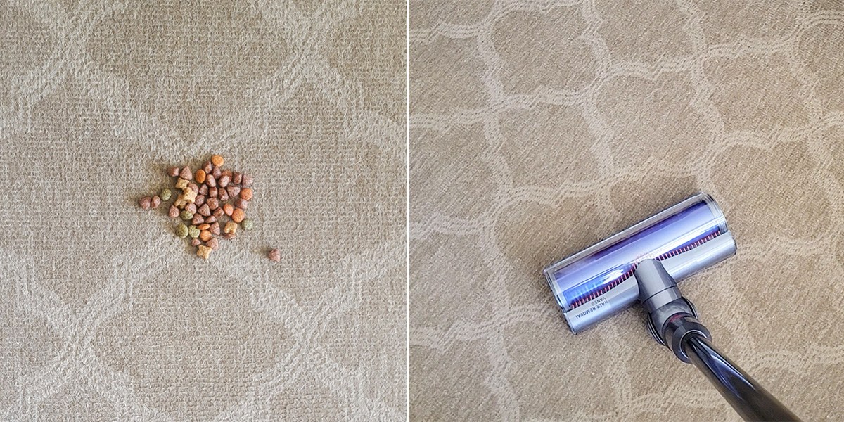 Collage with debris on carpet on the left side and the Dyson V12 Slim Detect vacuuming carpet on the right side