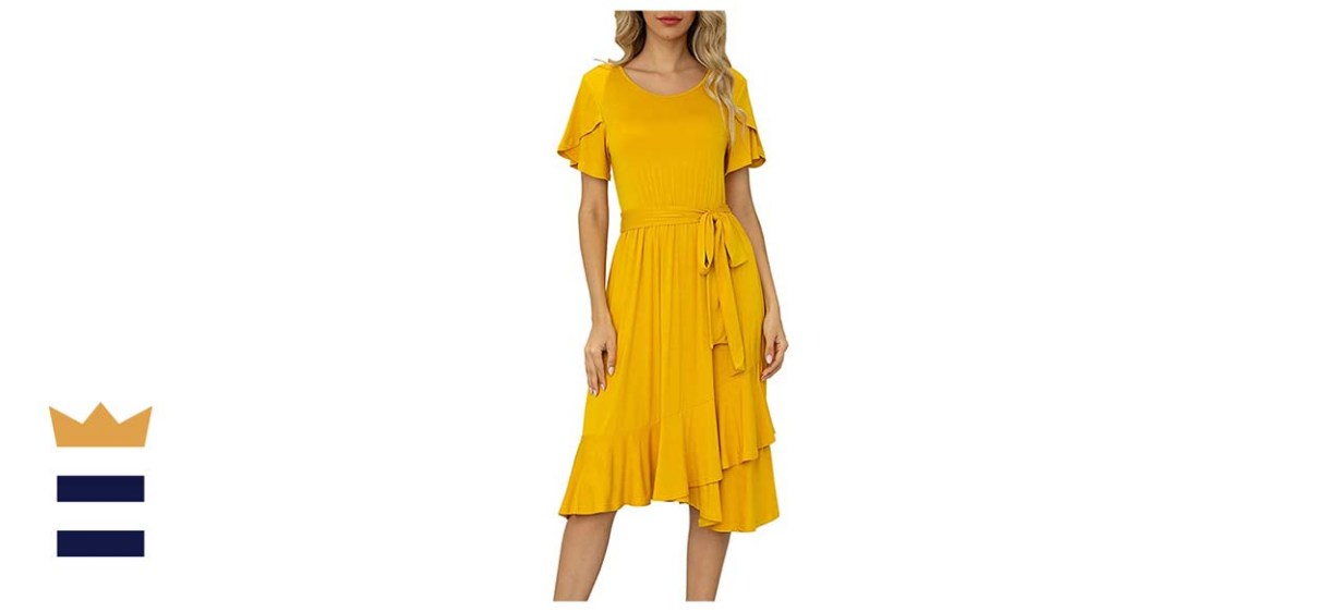 Levaca Flowy Short Sleeve Mustard Midi Dress