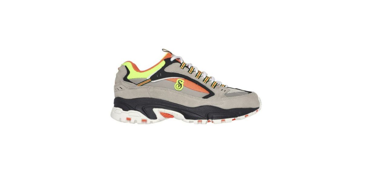 gray and orange athletic style sneakers with neon green accents