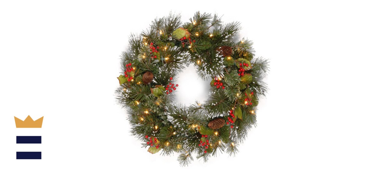 Three Posts 24-Inch Red Berries Pine Cones and Holly Leaves Lighted Wreath