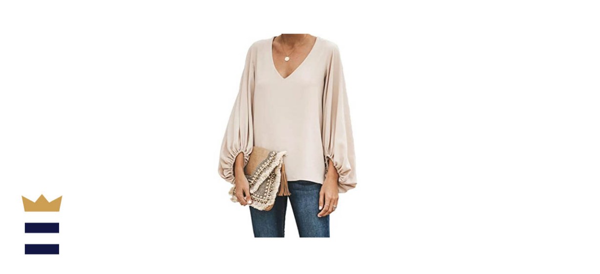 Women’s V Neck Chiffon Blouse Casual Balloon Sleeve 