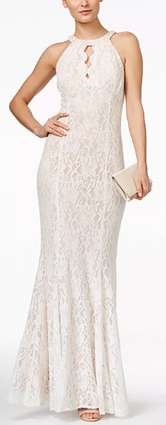 Nightway Lace Keyhole Halter Gown