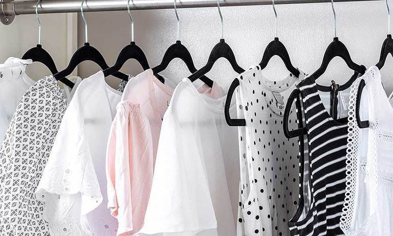 HOUSE DAY Black Velvet Shirt Hangers 50 Pack Non Slip Felt Hangers Included Space Saving Flocked Flower Scarf Hanger and 10 PCS Clips